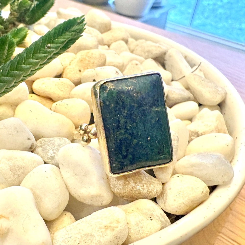Raw Stone Malachite Ring Sterling Silver- Gold plated Size 9